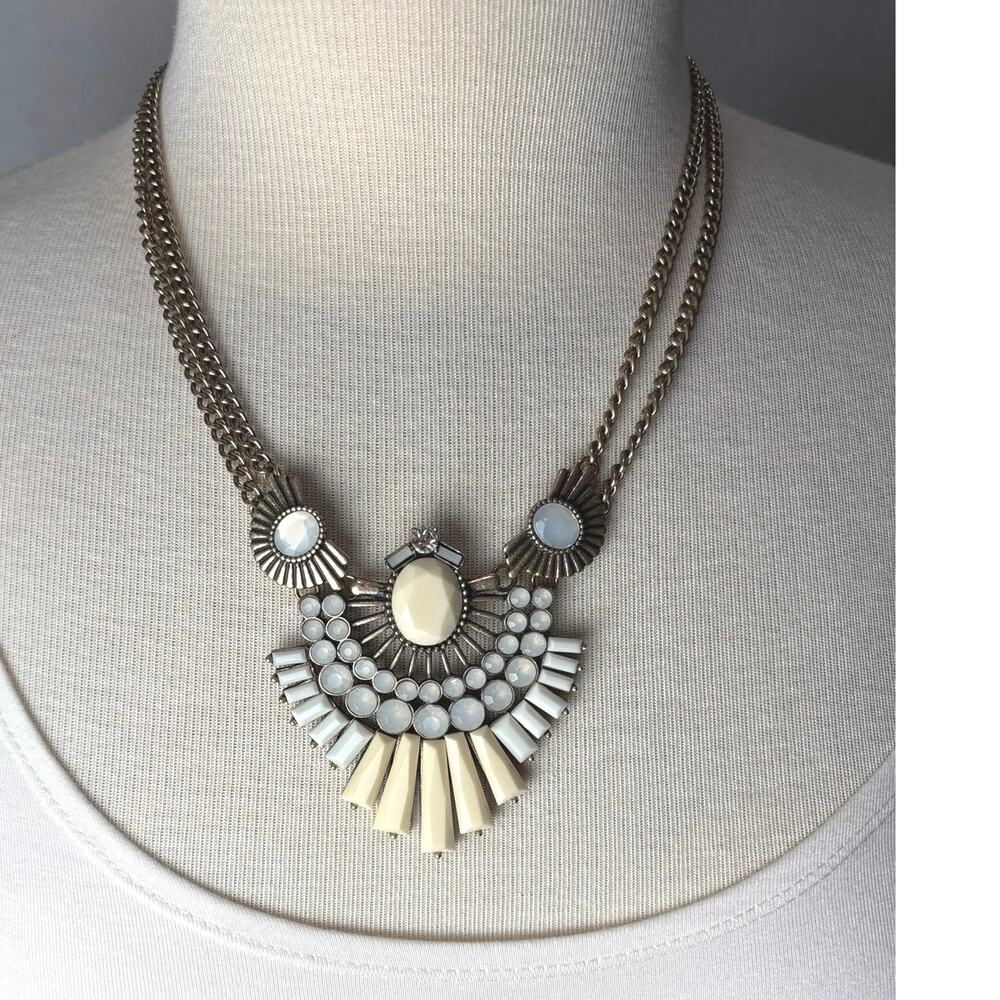 Statement Bib Necklace Ivory White Resin Cabochon Gold Tone Adjustable 18-23”